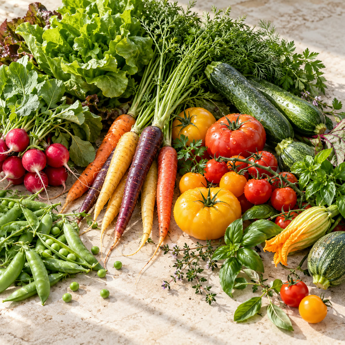 Fresh leafy greens, herbs, carrots, tomatoes and seasonal vegetables in morning light