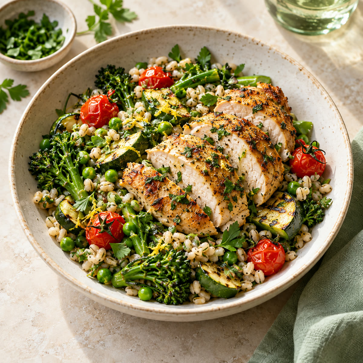 A bright meal of roasted chicken, grains, green vegetables and tomatoes