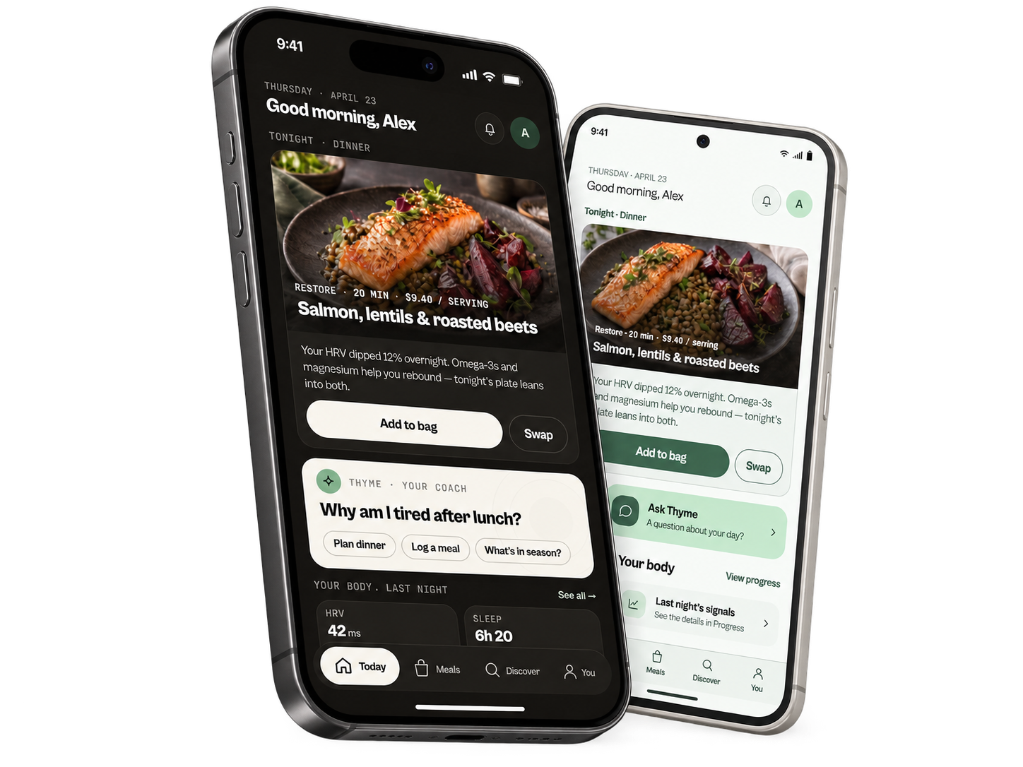 Concept mockups of planned ThymeCreek meal planning and ingredient sourcing on two phones